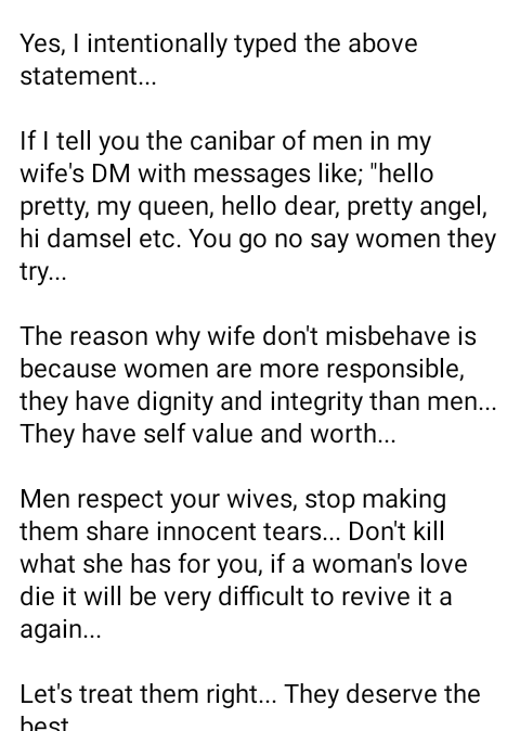Your wives are respecting God and honouring you - Nigerian man tells cheating husbands after seeing the caliber of men in his wife