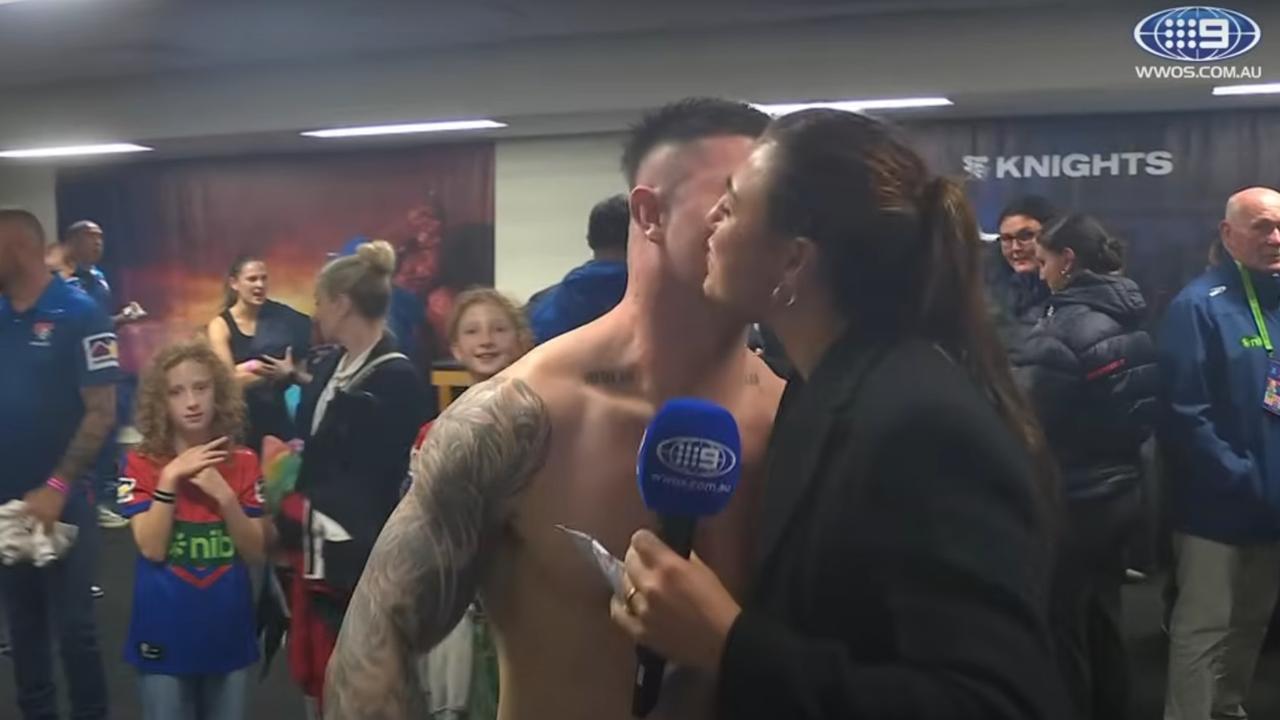 Moment footballer tries to kiss his teammate