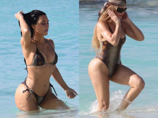 Kim and Khloé Kardashian wear sexy matching snakeskin swimsuits during vacation (photos)