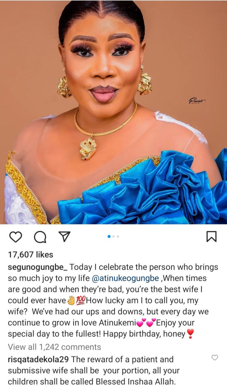Actor Segun Ogungbe celebrates first wife Atinuke after second wife actress Wunmi Ajiboye called him out