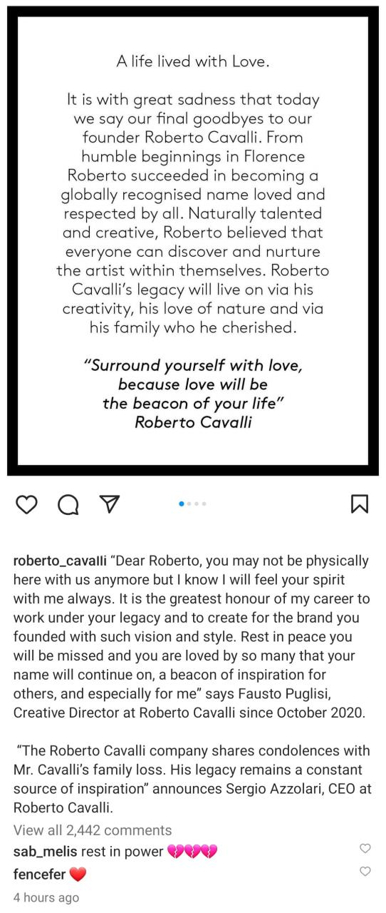 Italian fashion designer, Roberto Cavalli dies aged 83