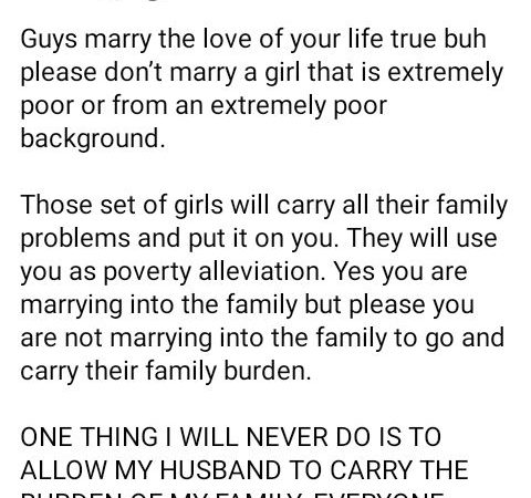 Don’t marry a girl from extremely poor background – Nigerian lady advises men