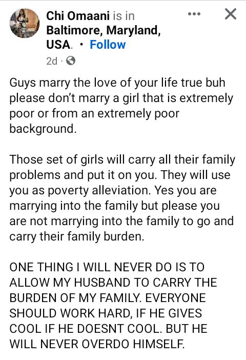 Don’t marry a girl from extremely poor background – Nigerian lady advises men