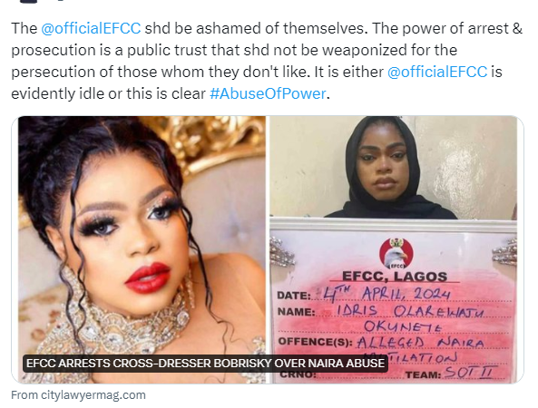 Ex-NHRC boss and EFCC clash over Bobrisky’s arrest