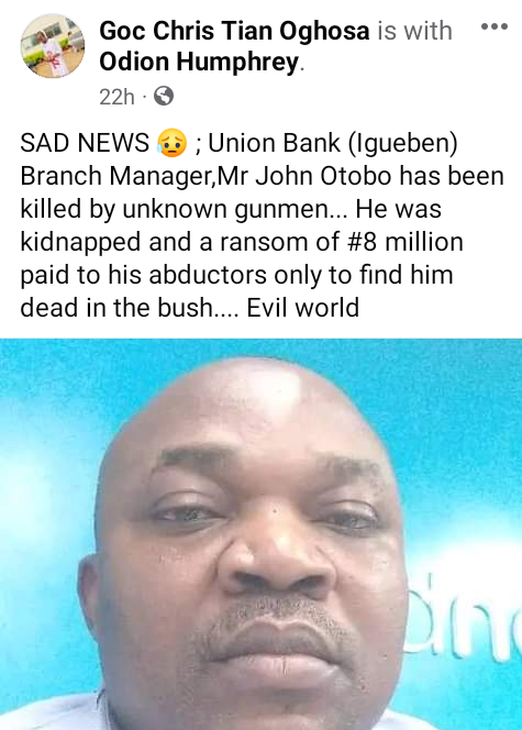 Kidnappers kill Edo bank manager after reportedly collecting N8m ransom