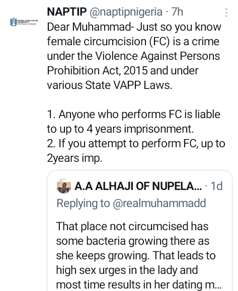 Female circumcision attracts four-year imprisonment – NAPTIP warns after man encouraged FGM of baby girls to ”prevent” high s*x urge when they grow up