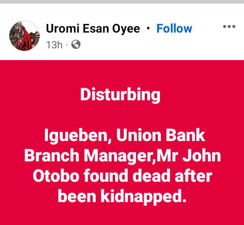 Kidnappers kill Edo bank manager after reportedly collecting N8m ransom