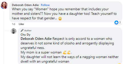 "My mother is a superwoman. My daughter will not learn the ways of a nagging woman" Husband says after being called out for posts seemingly trolling his wife after she gave birth