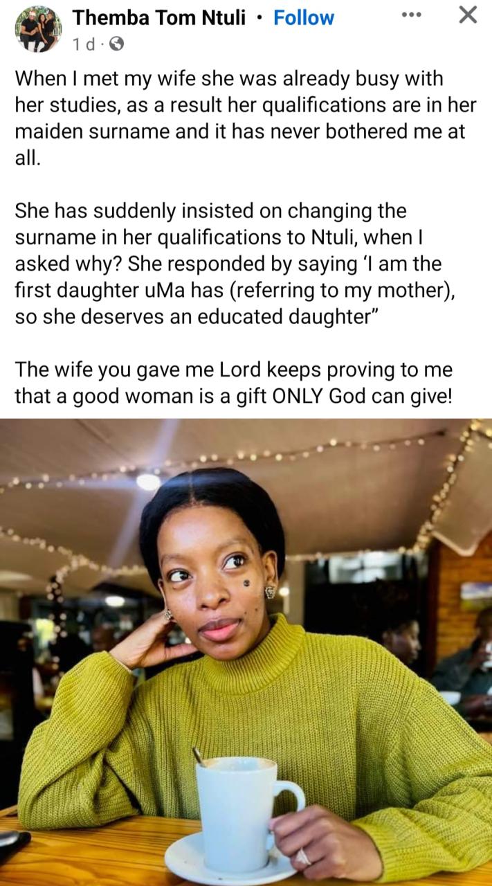 Man hails his highly-educated wife after she decided to change the name on her certificates to his family name