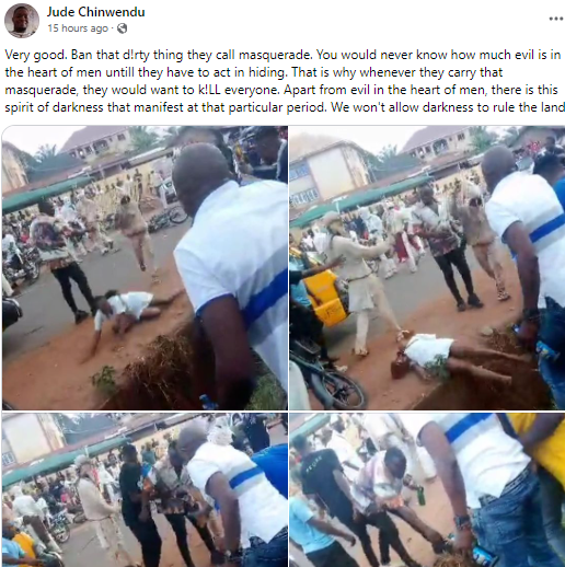 Outrage as masquerades brutally flog female nurse until she falls in a gutter in Enugu (video)