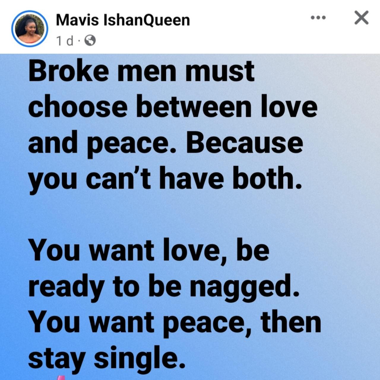 Broke men must choose between love and peace because you can?t have both ? Facebook user says