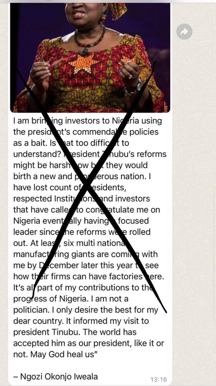 Anything forwarded to you purporting to be a WhatsApp message from me is fake - Ngozi Okonjo-Iweala debunks news claiming she?s bringing investors to Nigeria due to Tinubu?s ?commendable policies?