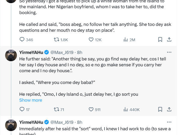 Ride-hailing app driver narrates how he helped a white woman discover her boyfriend is a Yahoo Boy
