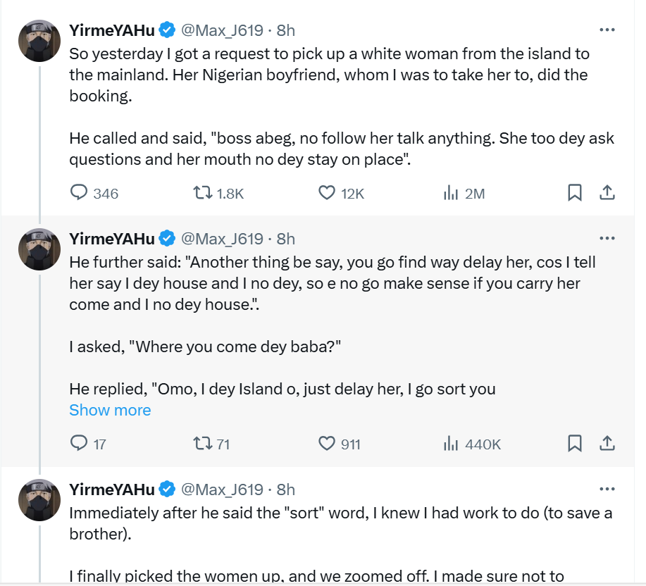 Ride-hailing app driver narrates how he helped a white woman discover her boyfriend is a Yahoo Boy