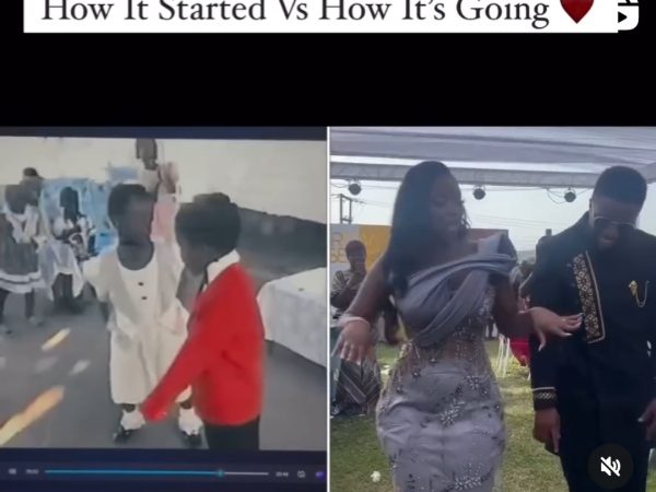 Side-by-side video shows couple dancing on their wedding day alongside throwback video of them dancing together as kids