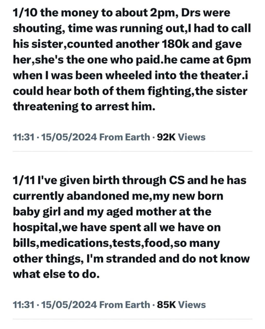 Woman cries for help after husband allegedly abandoned her in a Lagos hospital and 