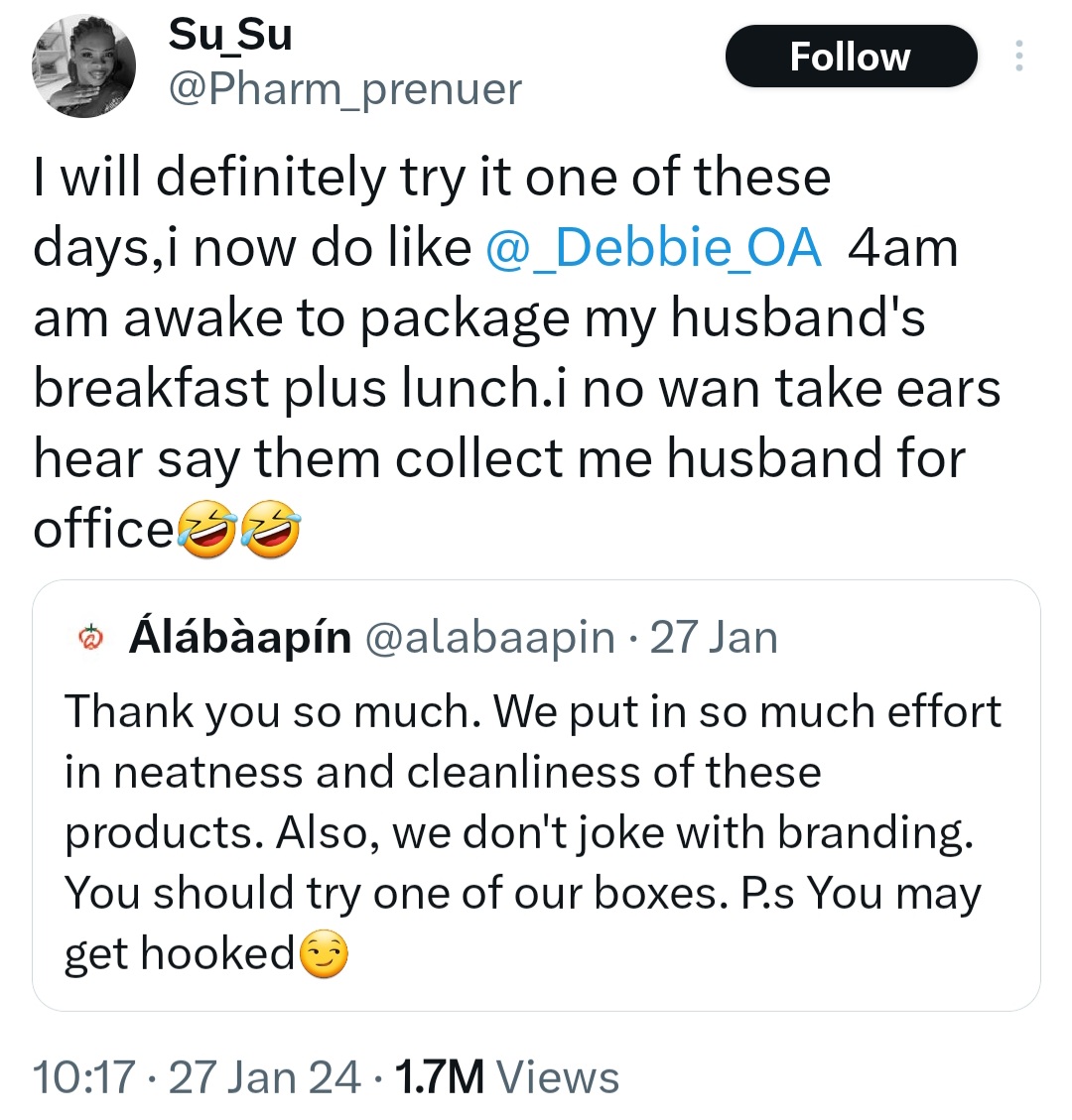 "I also wake by 4am to package his breakfast and lunch" Old tweet by woman detailing how she pampers her husband emerges days after she cried out that he used her CS money to buy phone and dog