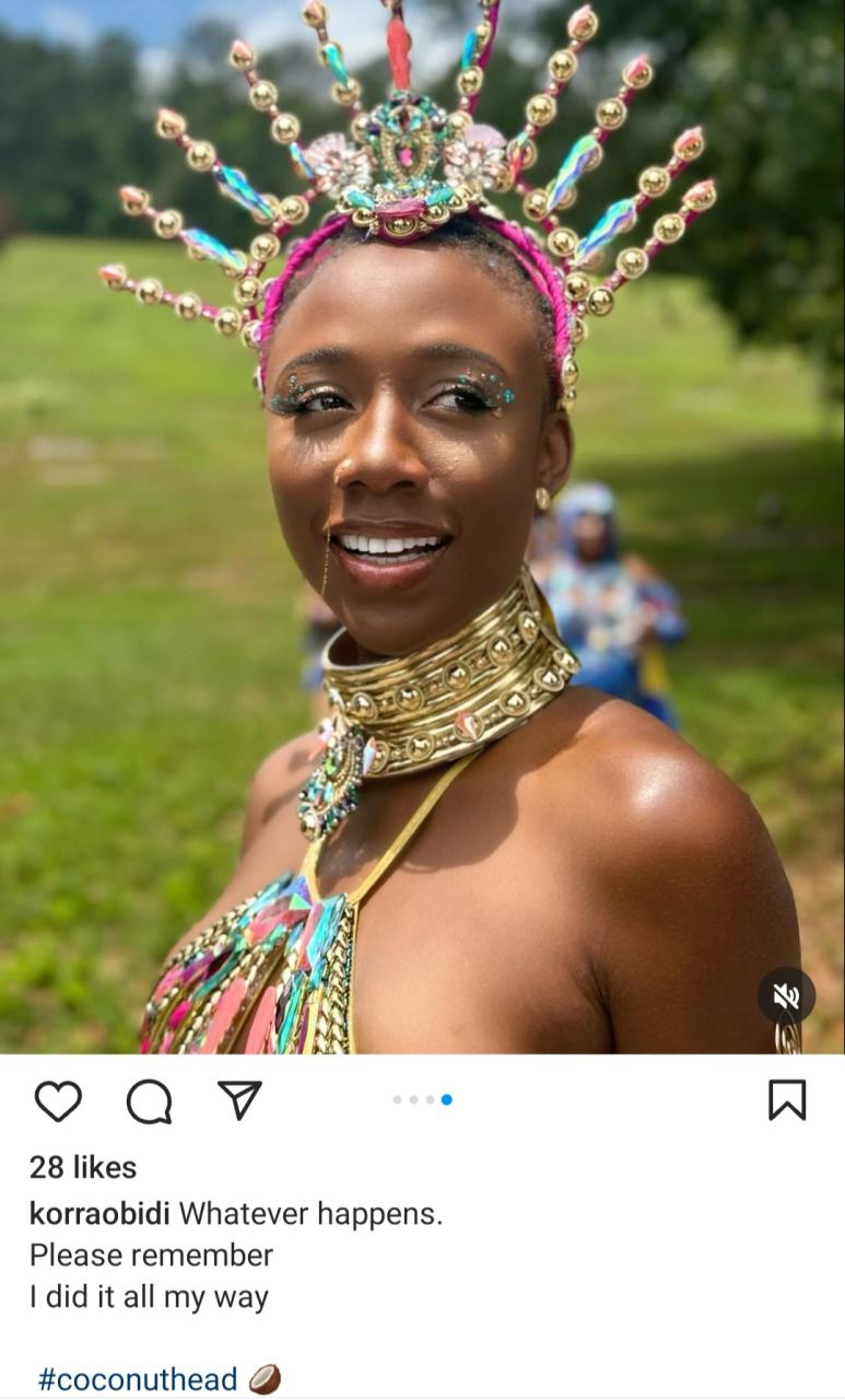 "Coconut head" Korra Obidi writes as she shares photos of herself in skimpy carnival costume