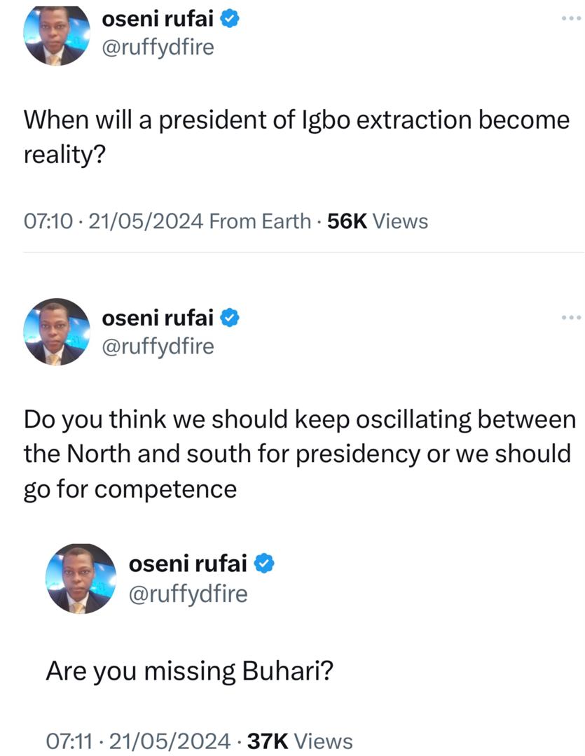 When will a president of Igbo extracton become reality? - Rufai Oseni asks Nigerians on X