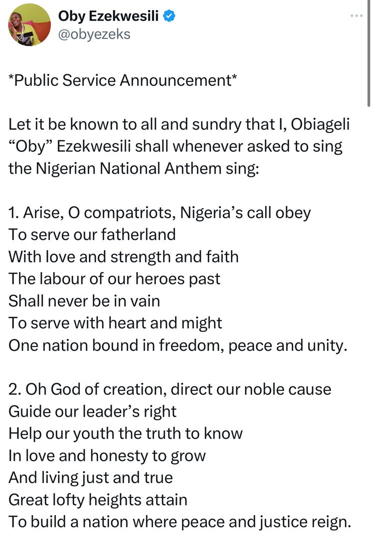 Oby Ezekwesili vows not to revert to the old National Anthem