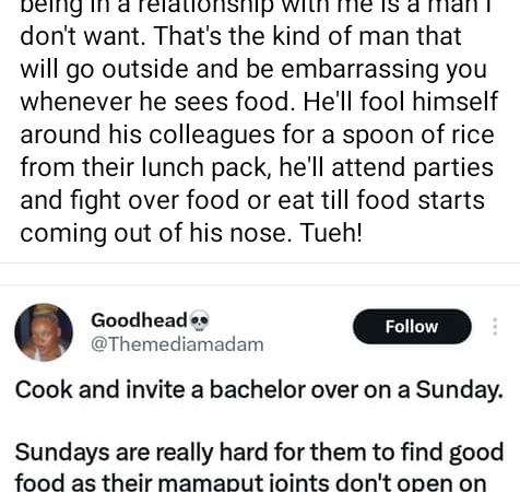 Any man I have to use food to lure into being in a relationship with me is a man I don’t want – Nigerian lady says