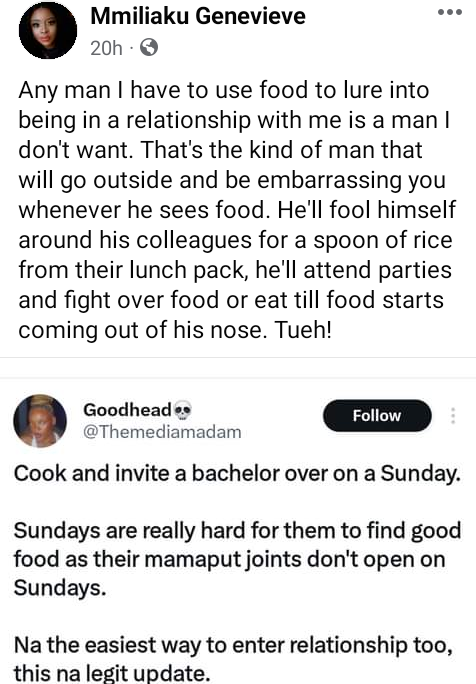 Any man I have to use food to lure into being in a relationship with me is a man I don’t want – Nigerian lady says