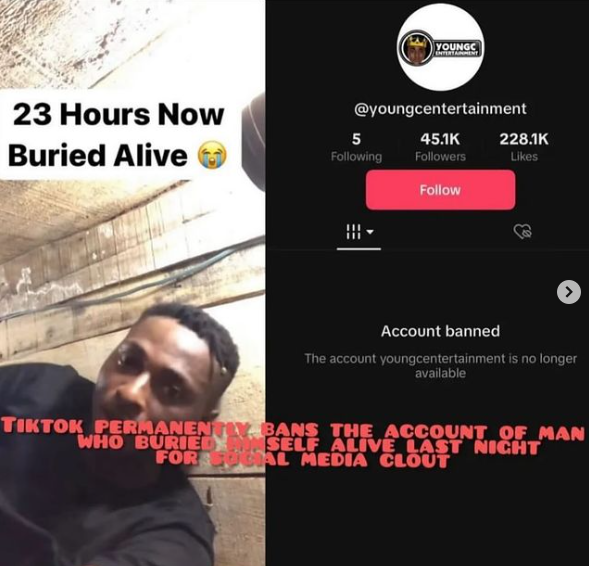 TikTok bans account of content creator currently embarking on 24 hours challenge of being buried alive