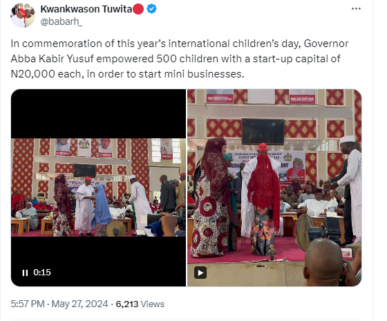 Nigerians react to trending video of Kano state gov, Abba Yusuf, giving N20, 000 startup capital to 500 kids as part of Children?s day celebration