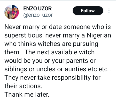 Never date or marry someone who is superstitious and believes witches are pursuing them – Nigerian man advises people