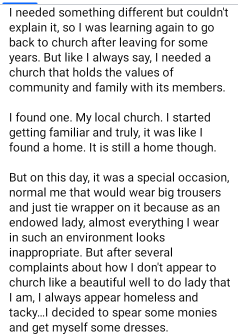 I have never felt so much rejection in my life.  - Nigerian lady narrates how she was slut-shamed in church for wearing an 