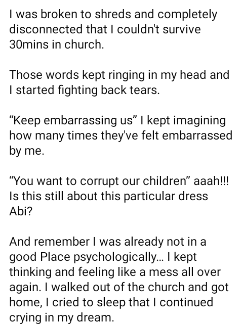 I have never felt so much rejection in my life.  - Nigerian lady narrates how she was slut-shamed in church for wearing an 