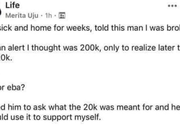 Is it for eba? – Nigerian lady calls out a man who gave her N20k that ‘won’t even keep her generator running for two days ‘