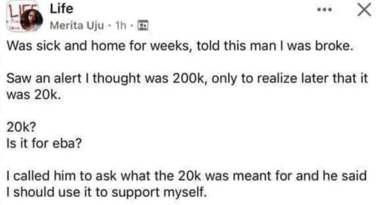 Is it for eba? – Nigerian lady calls out a man who gave her N20k that ‘won’t even keep her generator running for two days ‘