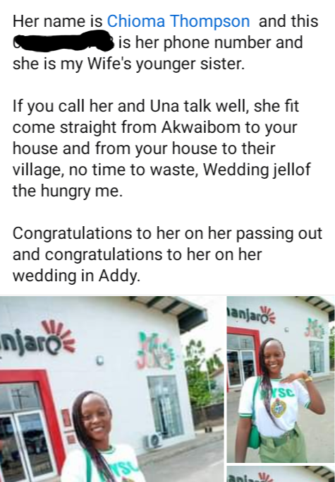 She was a virgin when she left home for NYSC but after serving in Akwa Ibom I can