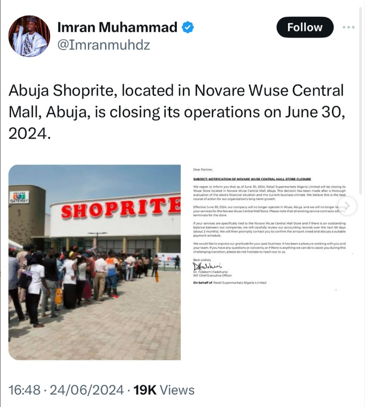 Abuja Shoprite is closing down due to the current business climate
