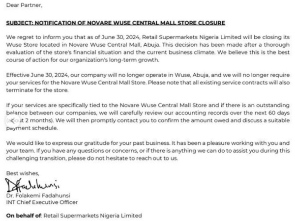 Abuja Shoprite is closing down due to the current business climate