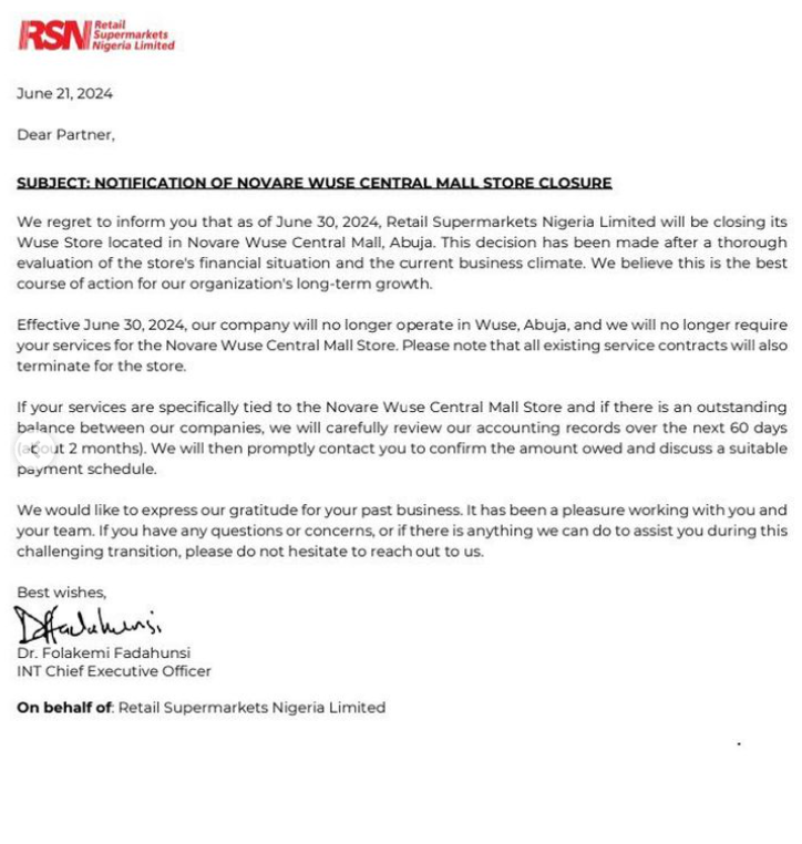Abuja Shoprite is closing down due to the current business climate