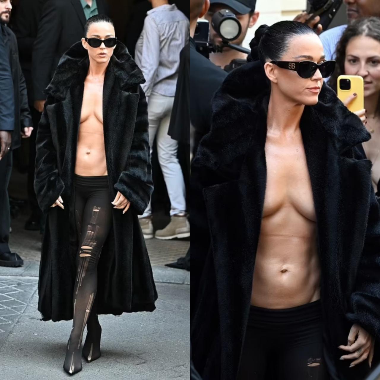 Kate Perry, 39, exposes boobs and abs as she goes braless in coat for Balenciaga Haute Coutre during Paris Fashion Week