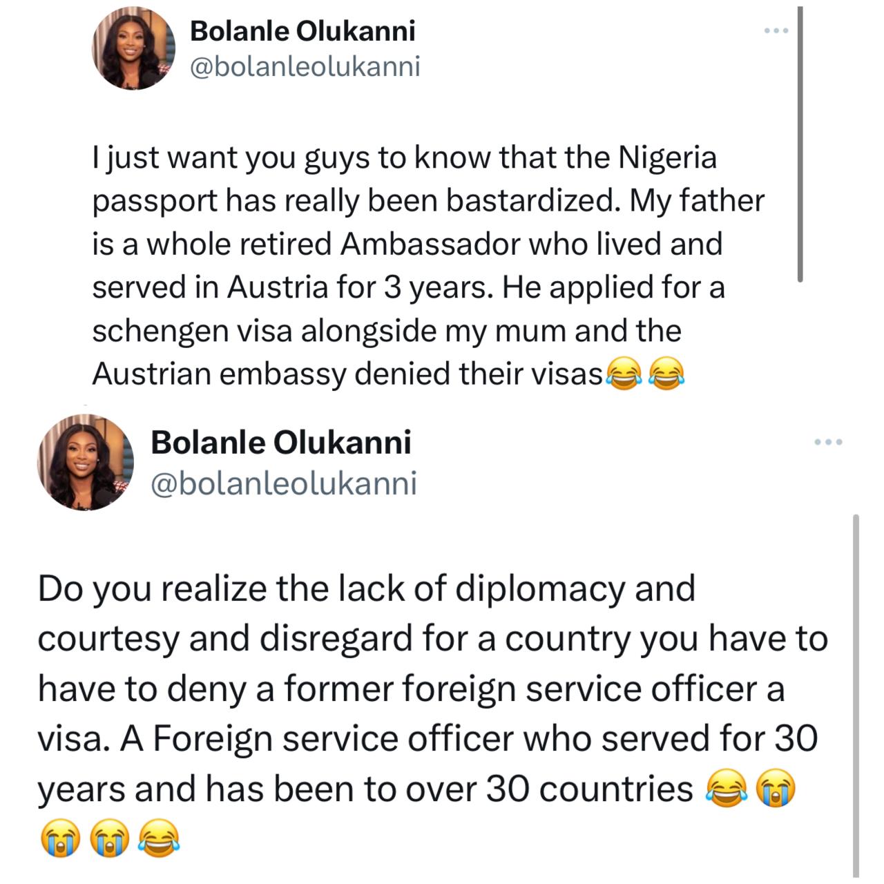 ?The Nigeria passport has really been bastardized?- Media gal, Bolanle Olukanni, writes after her father who is a retired Ambassador had his visa denied by the Austrian embassy