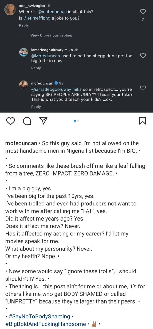 Actor Mofe Duncan reacts to being fat-shamed
