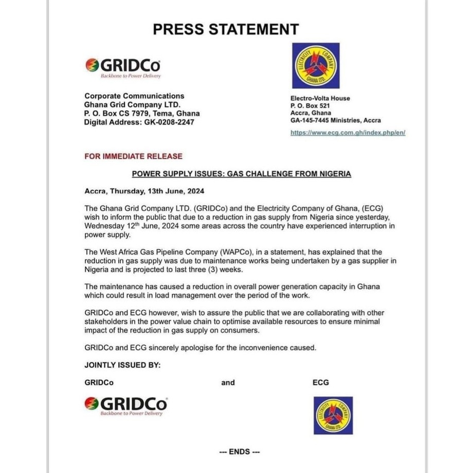 Ghana announces power outage for 3 weeks due to reduction in gas supply from Nigeria