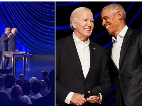 Biden freezes while standing on stage at star-studded event before Obama comes to his rescue and pulls him off stage (video)
