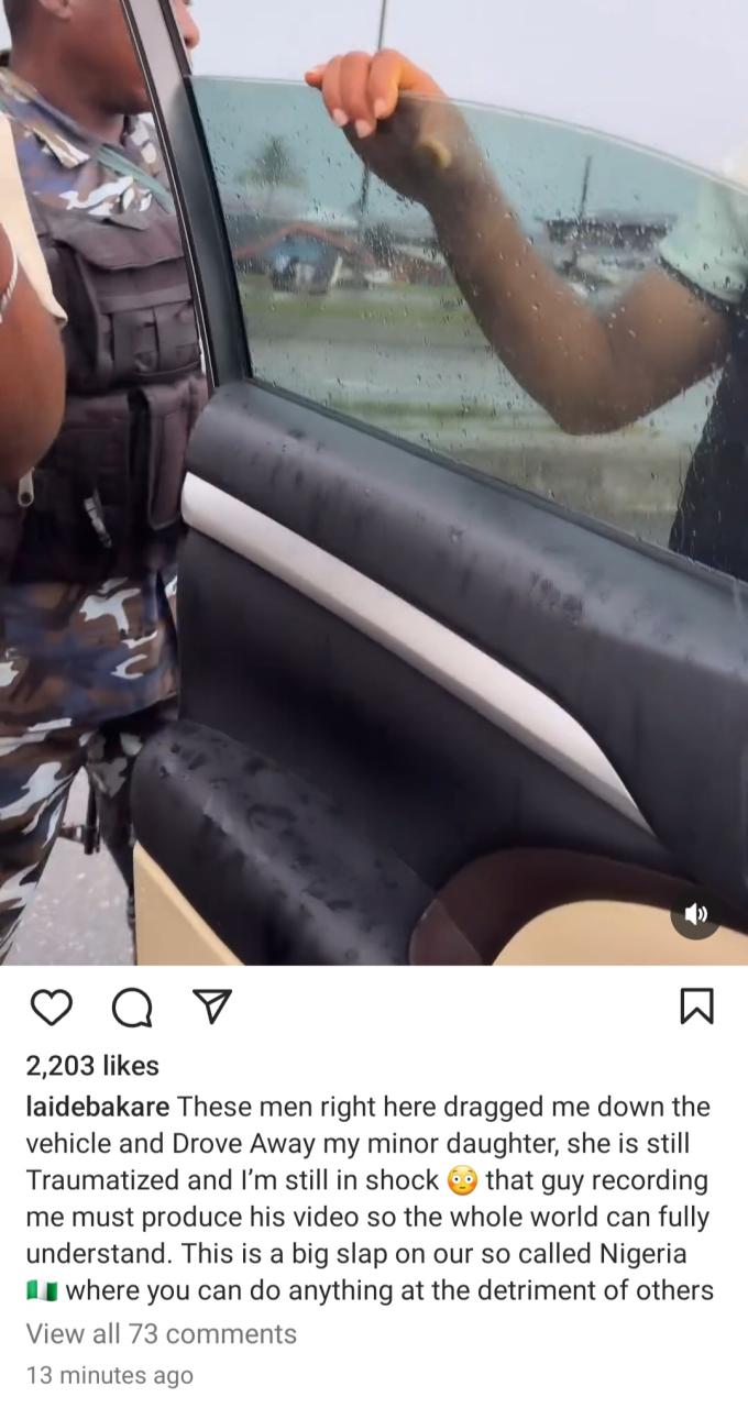 Actress Laide Bakare rages as men in police uniform "drag her down" from her vehicle and "drive off with her minor daughter" (videos)