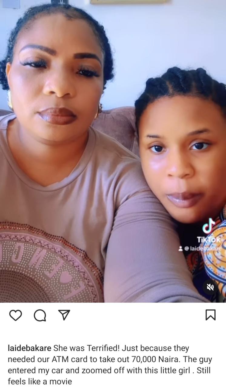 Actress Laide Bakare rages as men in police uniform "drag her down" from her vehicle and "drive off with her minor daughter" (videos)
