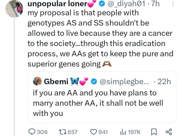 “People with genotypes AS and SS shouldn’t be allowed to live because they are a cancer to the society,” Nigerian woman says as she calls for the protection of “superior” AA genes
