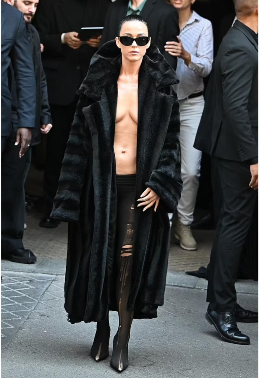 Kate Perry, 39, exposes boobs and abs as she goes braless in coat for Balenciaga Haute Coutre during Paris Fashion Week