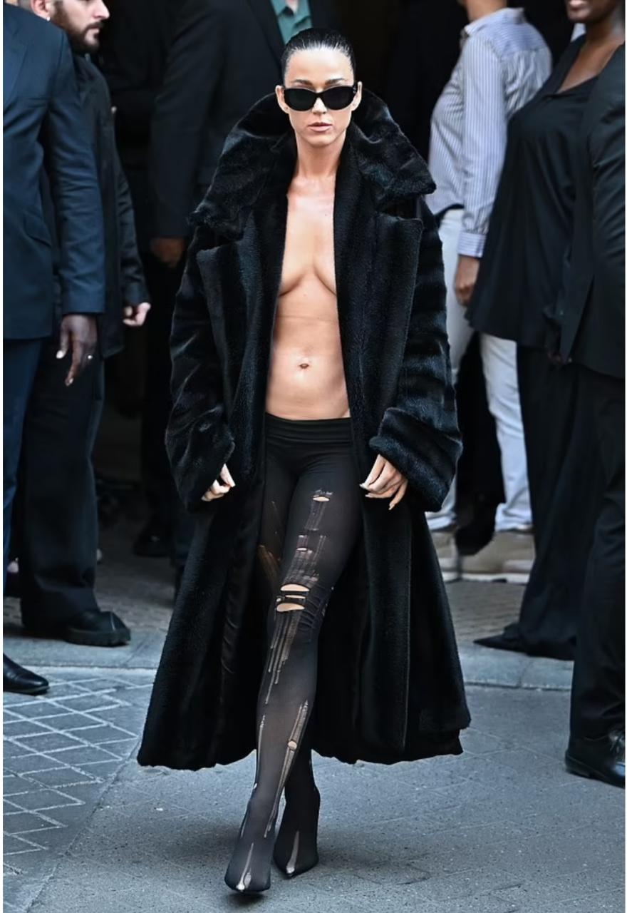 Kate Perry, 39, exposes boobs and abs as she goes braless in coat for Balenciaga Haute Coutre during Paris Fashion Week