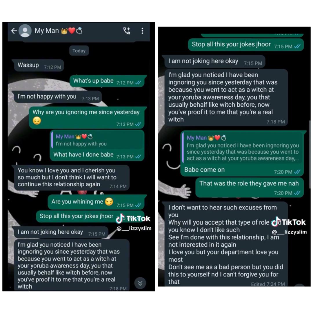 Man dumps his girlfriend for acting as a witch in a drama in school