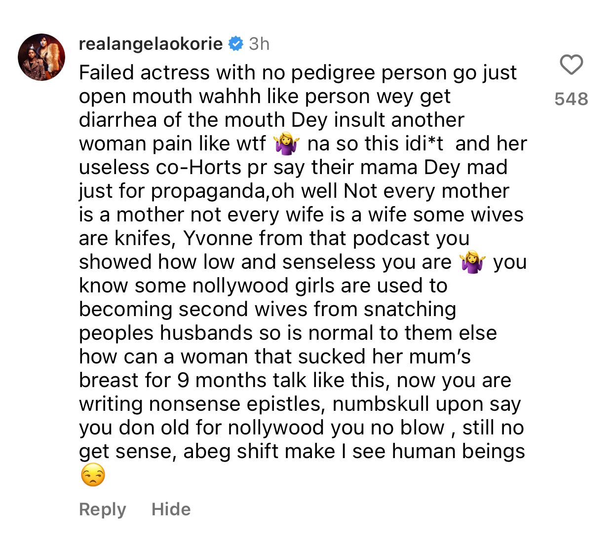 Failed actress - Angela Okorie slams Yvonne Jegede over comment on Yul Edochie