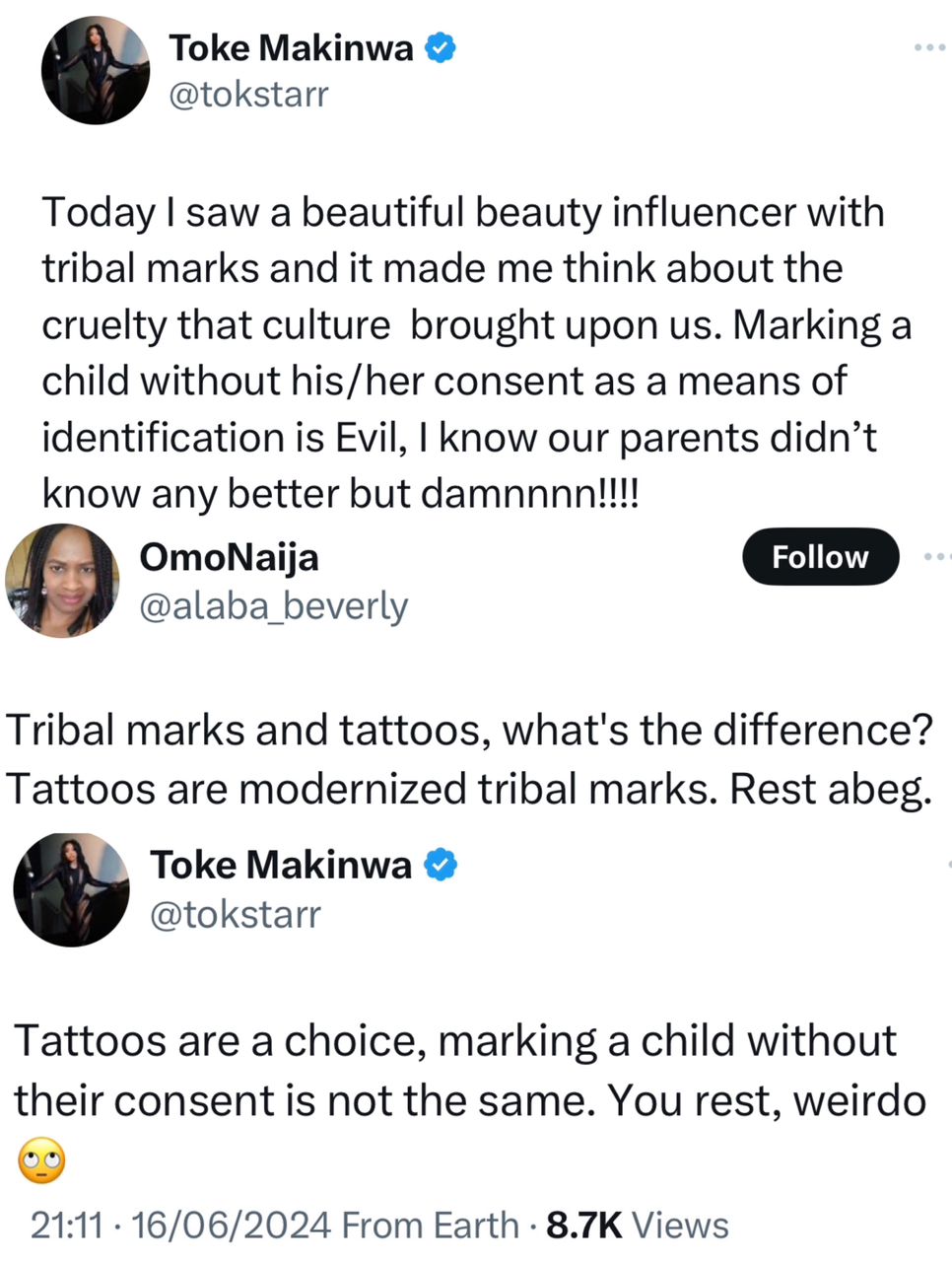 Toke Makinwa replies X user who knocked her over her stance on tribal marks